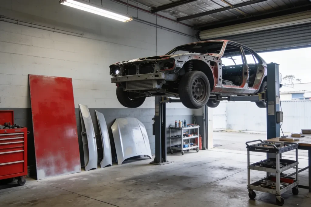 A clean, well-ordered Melbourne motor body workshop with a car on a hoist at the edge of frame, primed body panels leaning against the wall, tool trolleys, and cool daylight from an open roller door.