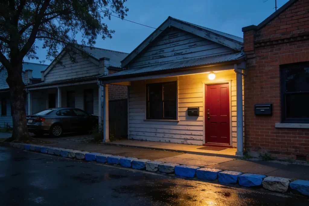 An inner-Melbourne terrace street at dusk with a bluestone kerb, a weatherboard cottage with a deep red front door under a warm porch light, and a damp road catching the light.