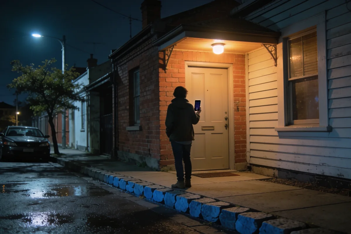 A person in everyday clothes standing on an inner-Melbourne footpath at night in front of a closed front door, phone raised in one hand, seen from behind and to the side.