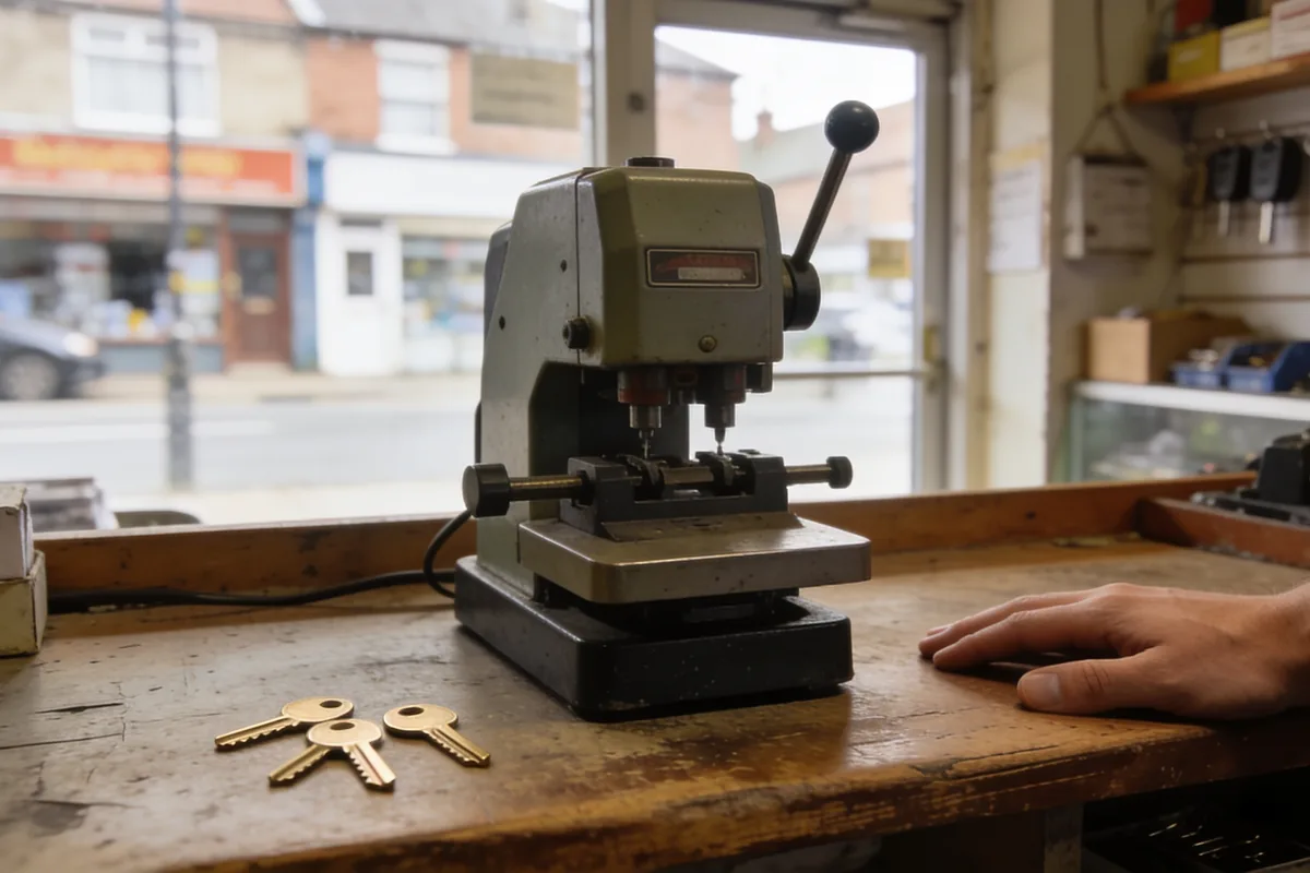 A small neighbourhood key-cutting counter in a Melbourne shopping strip with a key-cutting machine, rows of blank keys on a board behind, and a hand resting on the counter.