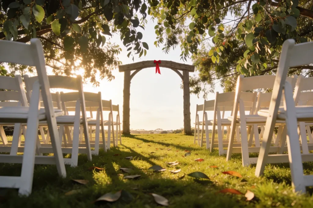 A small wedding ceremony setup in an Australian garden courtyard with rows of white chairs on grass, a leafy eucalyptus canopy overhead, low warm afternoon light and a plain timber arch.