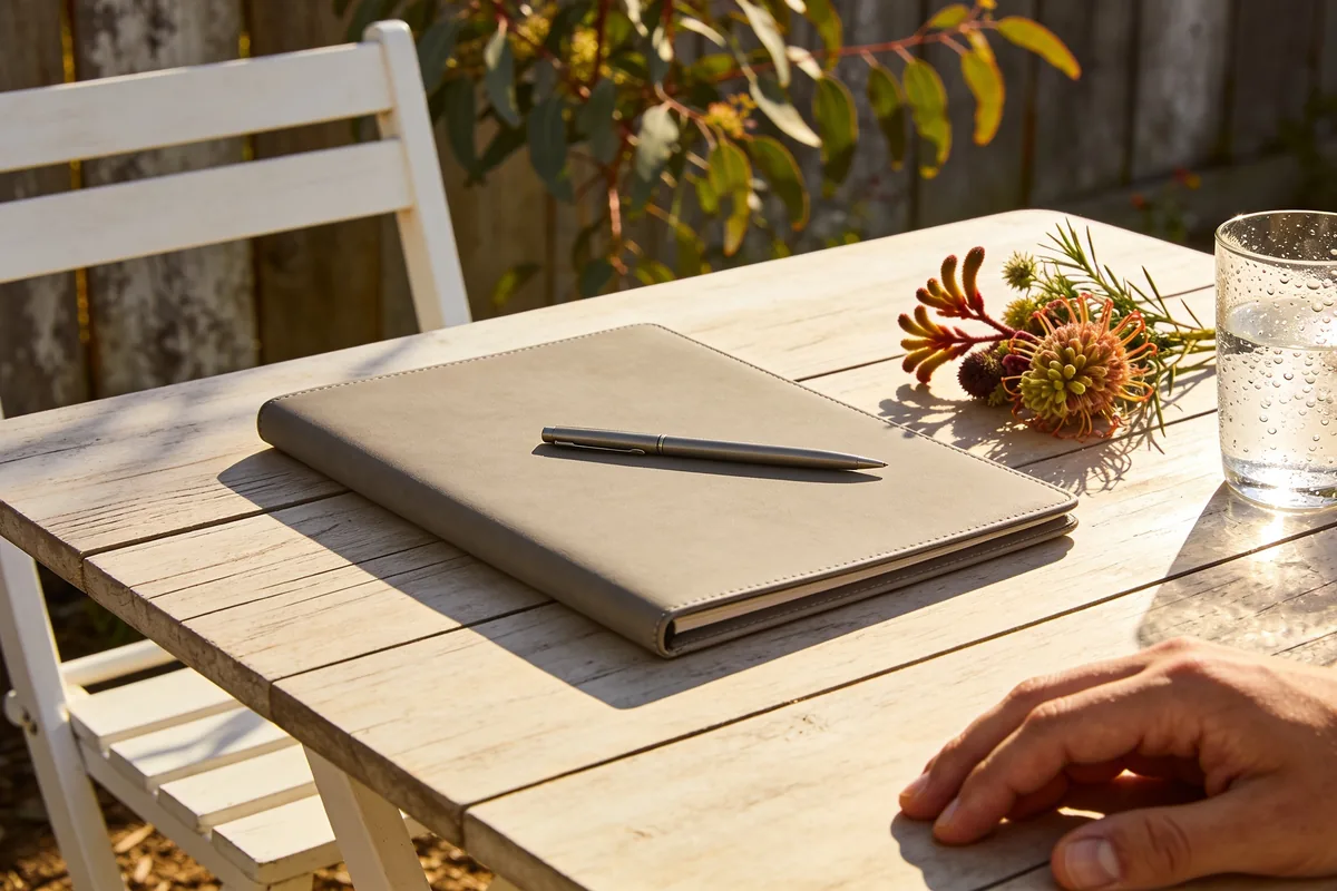 A celebrant working detail on a table in a Melbourne garden: a closed document folder with a pen laid across it, a small posy of native flowers, a glass of water and a folded piece of paper, in warm afternoon light.