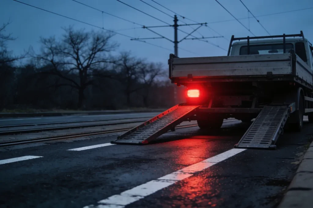 A flat-bed tow truck pulled to the kerb of an inner-Melbourne arterial road at dusk with its ramp partly lowered, tram tracks and low shopfronts behind, and a single red tail-light glow.