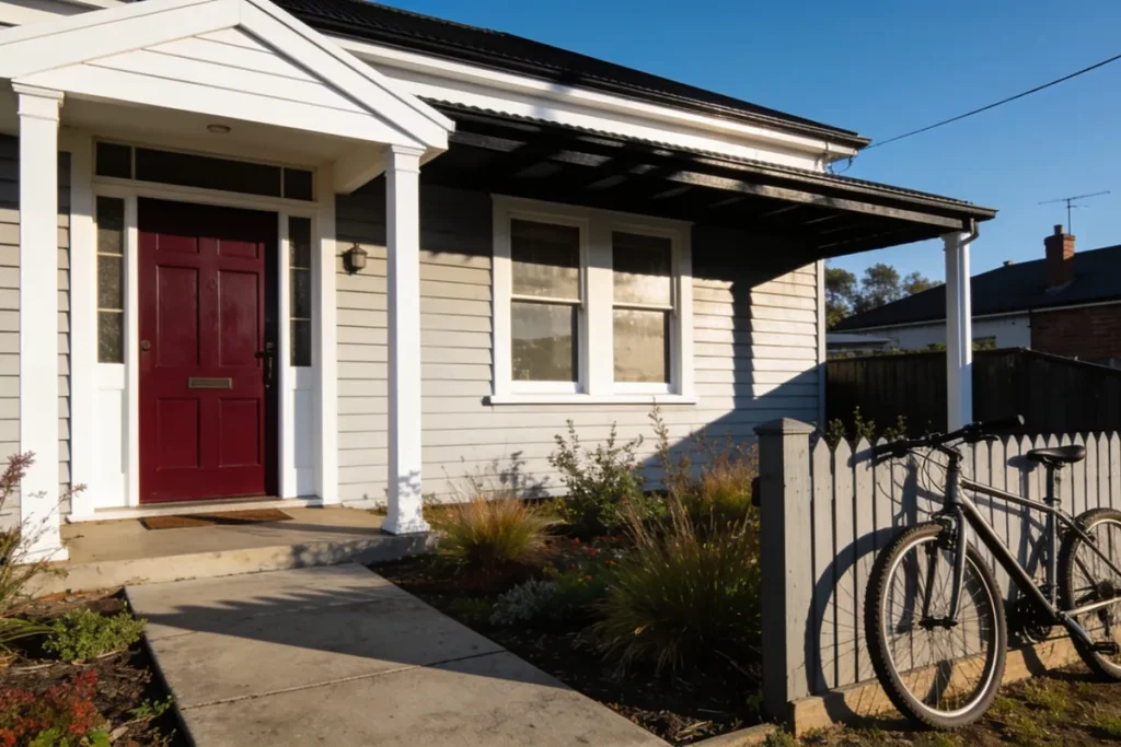 An ordinary single-fronted Melbourne house in the morning light, a white weatherboard facade with a deep red front door under a small porch, a short concrete path, a low front fence and a bicycle leaning against it.