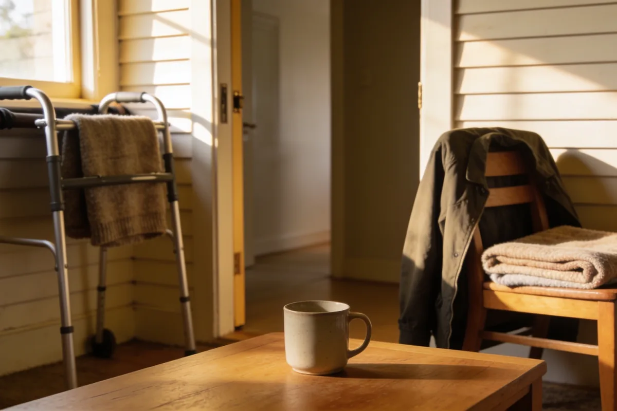 A lounge-room corner in an ordinary Australian home in late-morning light, a low table with a mug and a folded newspaper, a coat over the back of a chair and a folded blanket at the edge of the frame, with an open hallway doorway behind.