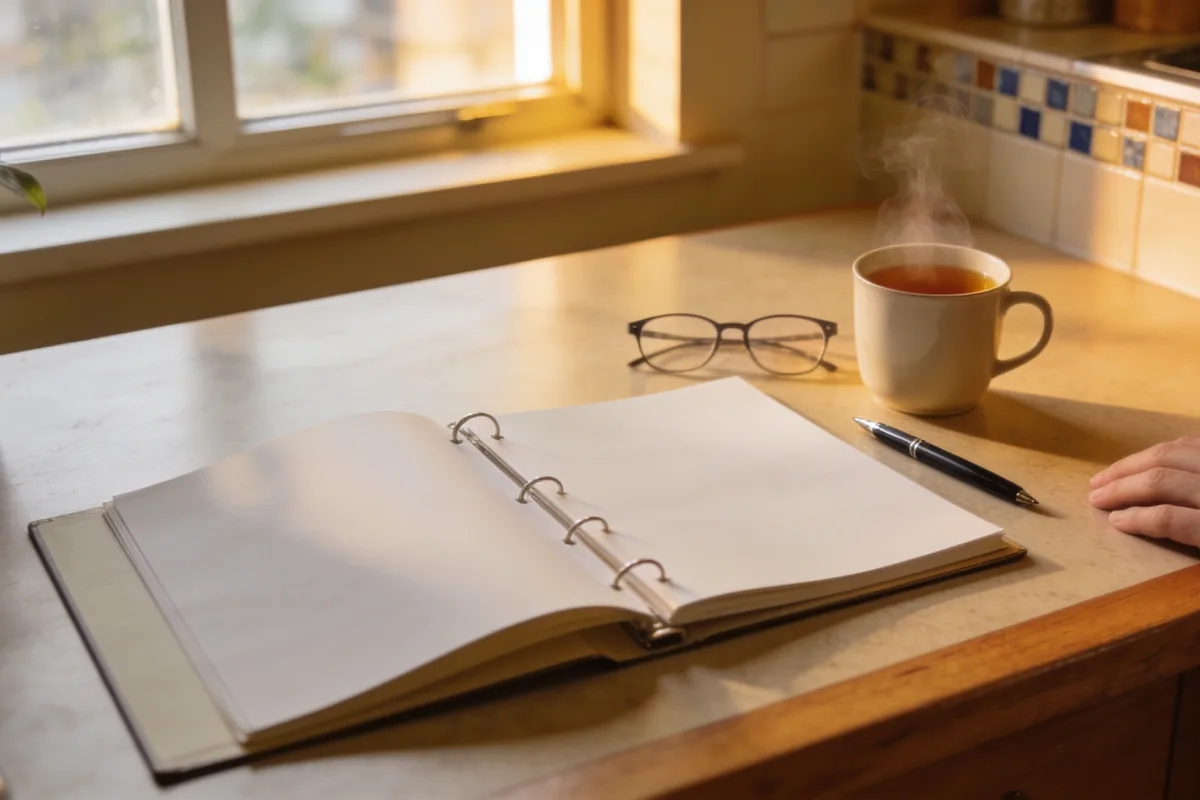 A kitchen table seen from above and slightly to the side, with an open ring-bound folder, a pen, reading glasses and a cup of tea in afternoon light, every page turned away from the lens.