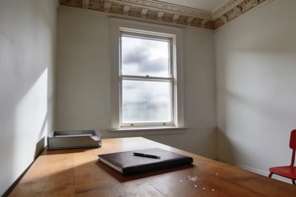 A quiet desk corner in an older Melbourne home, a timber table against a warm white wall with a closed document wallet and a pen, a filing tray, a tall sash window with plain daylight and a single red chair at the edge of the frame.