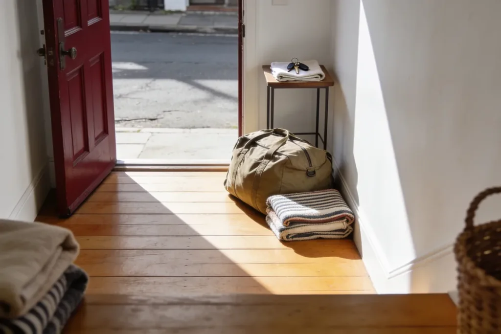 The front doorway of an inner-Melbourne weatherboard home seen from just inside, a short hallway with a timber floor, a packed canvas bag and a folded lead by an open deep red front door, keys on a side table and morning light spilling across the boards.