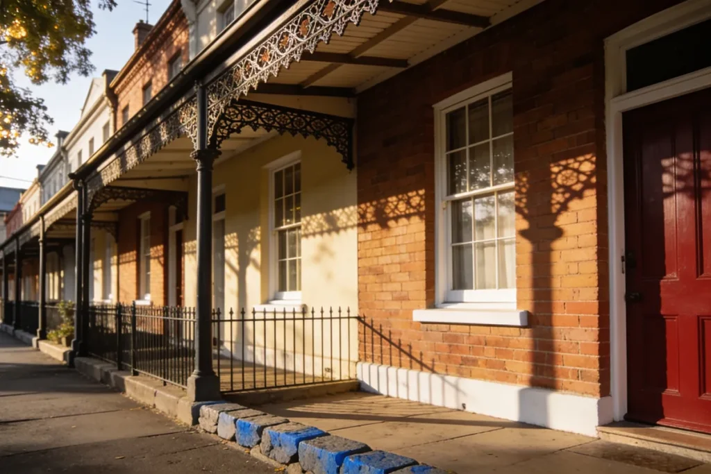 An inner-Melbourne terrace row with a continuous cast-iron verandah and original sash windows seen along the footpath at the end of the day, hard black shadow under the verandah, a bluestone kerb, a low iron fence and one deep red front door.