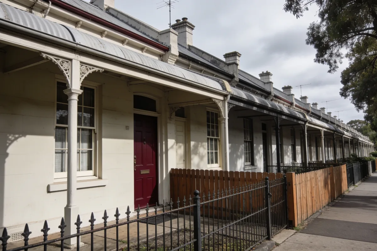 A row of attached period terraces in a Melbourne heritage precinct seen from the footpath, a continuous verandah, original windows and a shared front fence line under flat overcast daylight.