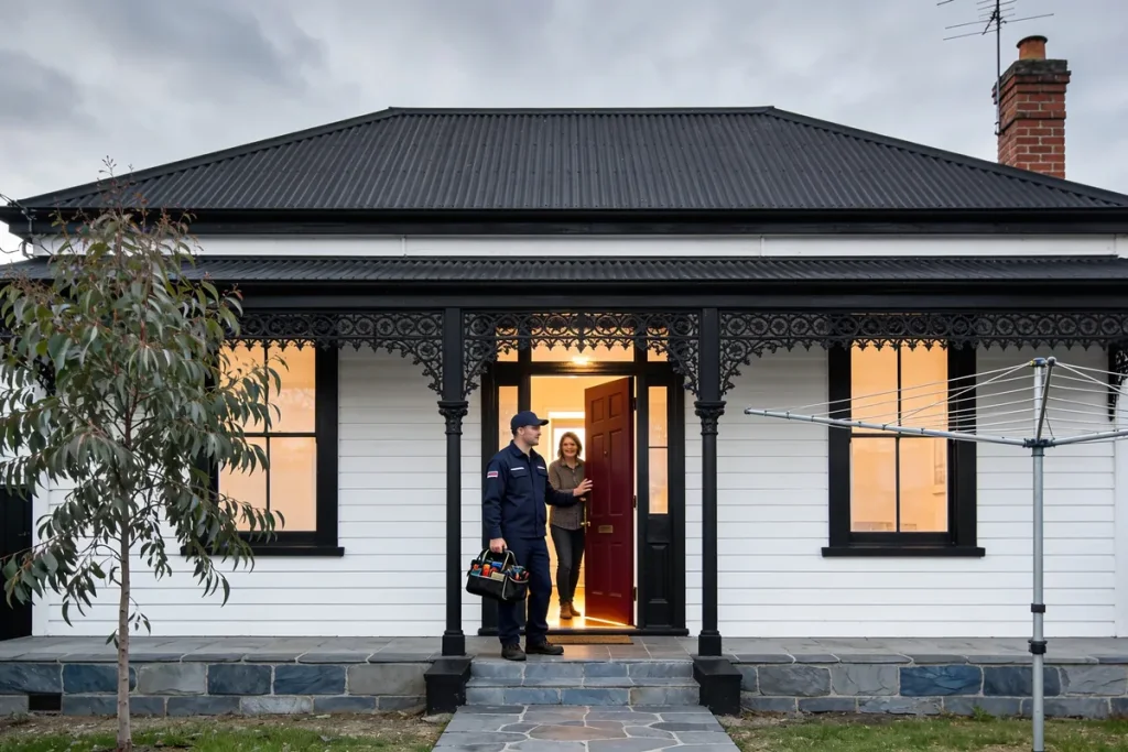 A plumber in navy workwear with a tool bag at the front door of a white weatherboard Melbourne cottage with black lacework, a red front door and a red brick chimney, on a bluestone path.