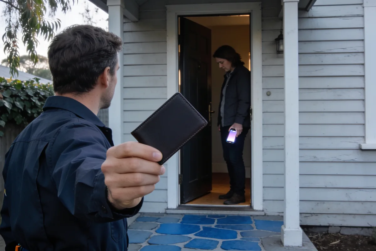 A plumber in plain navy workwear showing the back of a wallet-style identity card at a Melbourne front door while the homeowner checks a phone, the screen glowing.