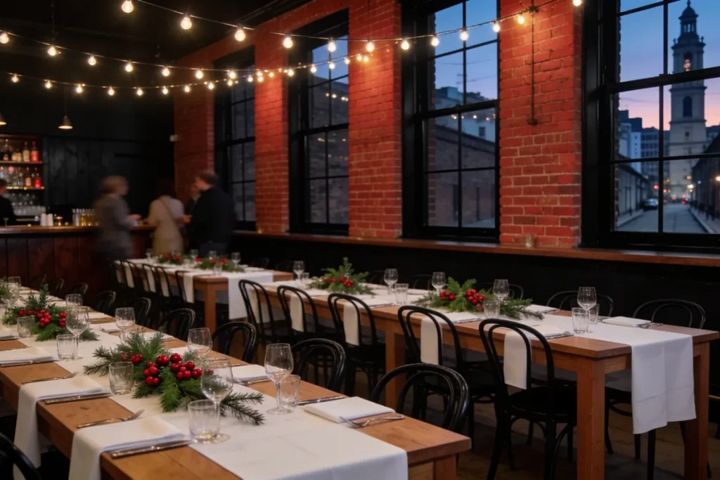 An inner-Melbourne function room set for a Christmas party, with long timber tables, white linen, festive greenery with red berries, festoon lights, red brick and a laneway at dusk through tall windows