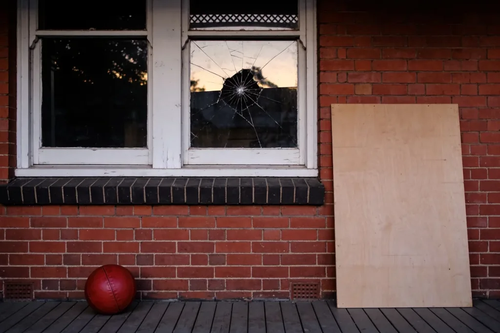A cracked front window pane on a red-brick bungalow at dusk, a ball on the verandah boards and a sheet of plywood leaning ready to board it