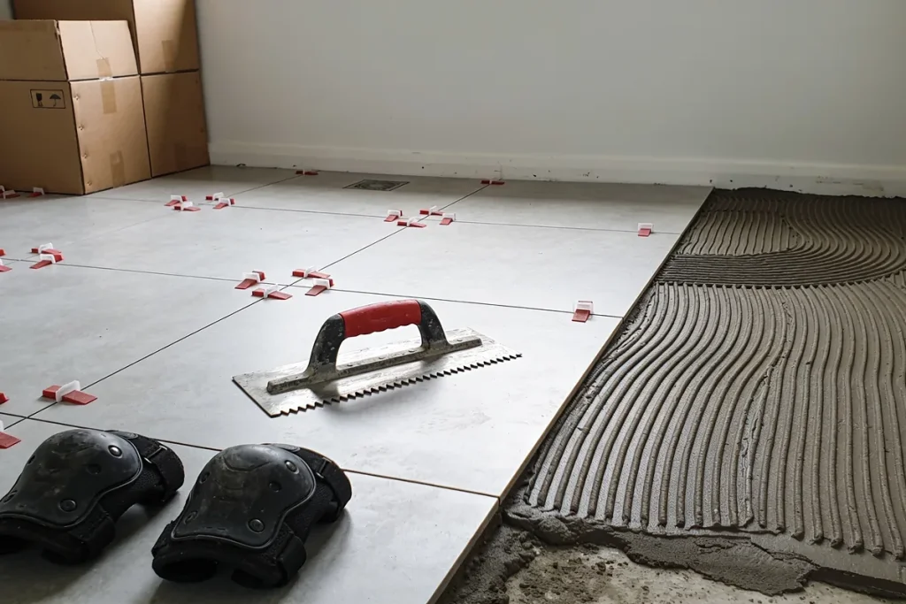 Large pale grey porcelain floor tiles partly laid with red levelling clips beside combed adhesive, a notched trowel and knee pads on the floor and cardboard tile boxes against the wall