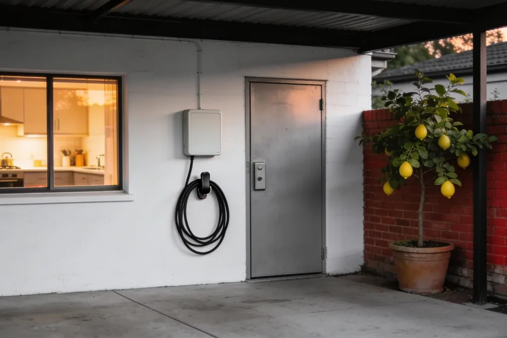 A plain white wall-mounted home charger with its cable coiled on a hook in an empty carport at dusk, beside a switchboard and a potted lemon tree
