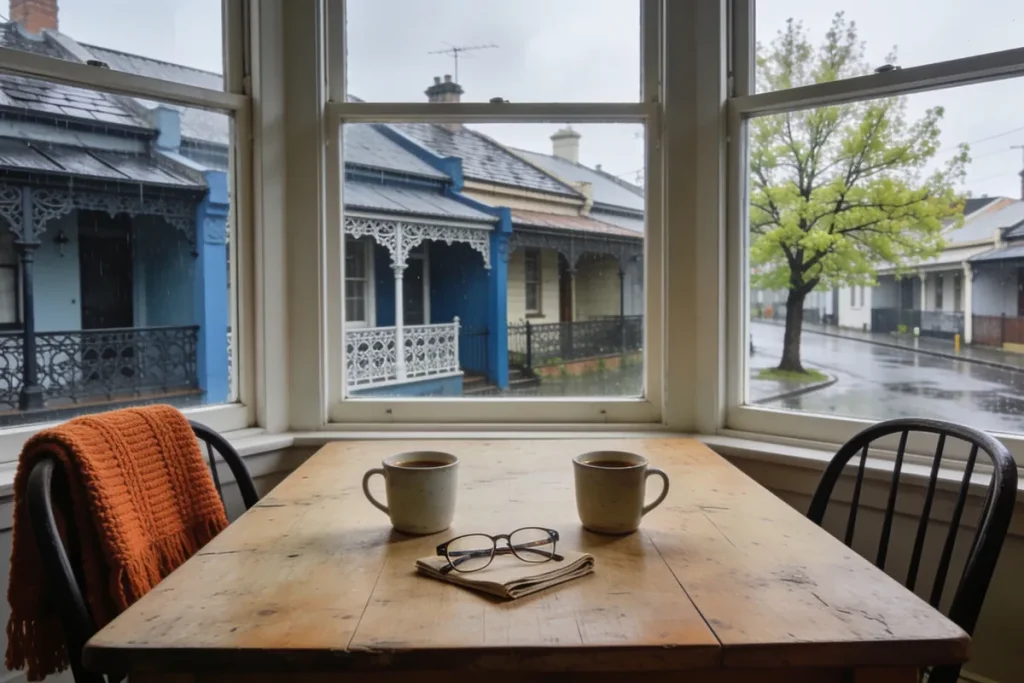 Worn timber kitchen table by a sash window with two mugs of coffee, a pair of reading glasses and two empty chairs, one with an orange knitted throw, looking out at Victorian terrace houses with iron lace verandahs on a wet street