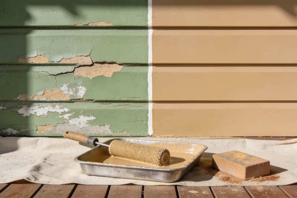 Weatherboard wall with old flaking sage green paint and filled cracks on the left and a smooth fresh warm tan coat on the right, with a paint roller in a metal tray and a sanding block on a canvas drop sheet