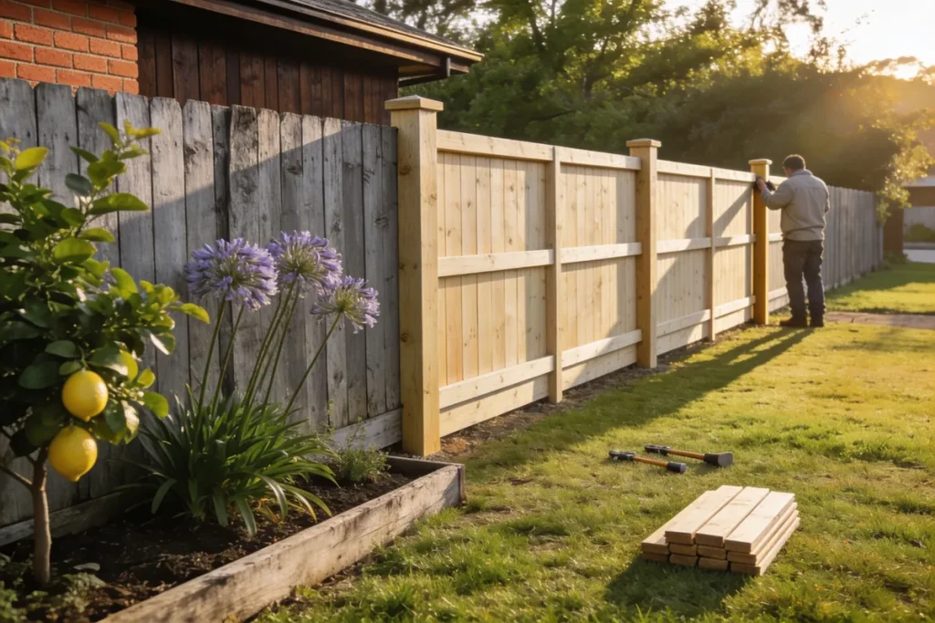A backyard dividing fence in Melbourne, half old grey timber palings and half new pale palings, with a fencer checking a post and a stack of palings on the lawn.