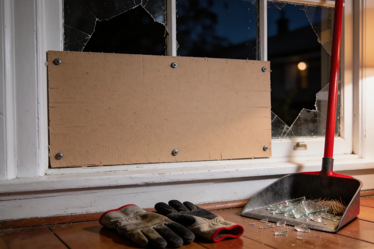 A broken window boarded from inside, with swept glass in a dustpan and work gloves on the floorboards
