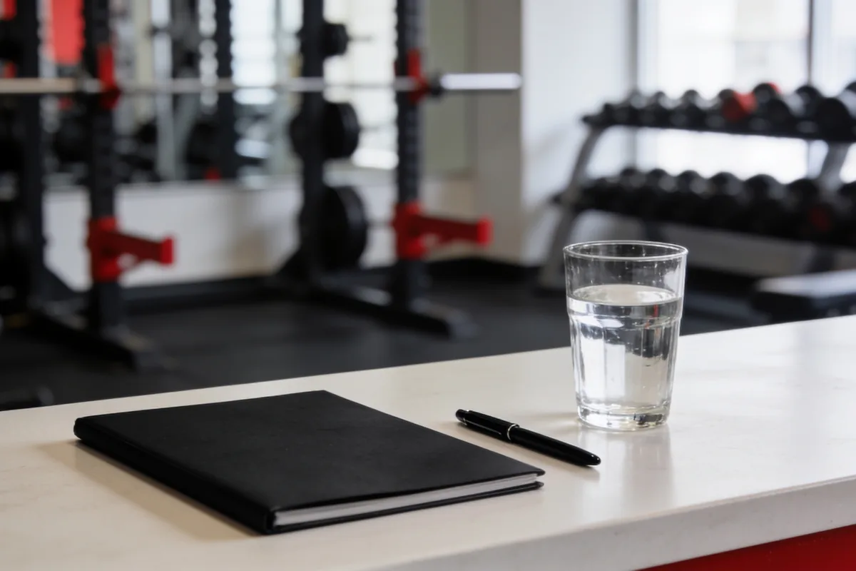 A gym reception counter with a closed black folder, a pen and a glass of water, equipment blurred behind