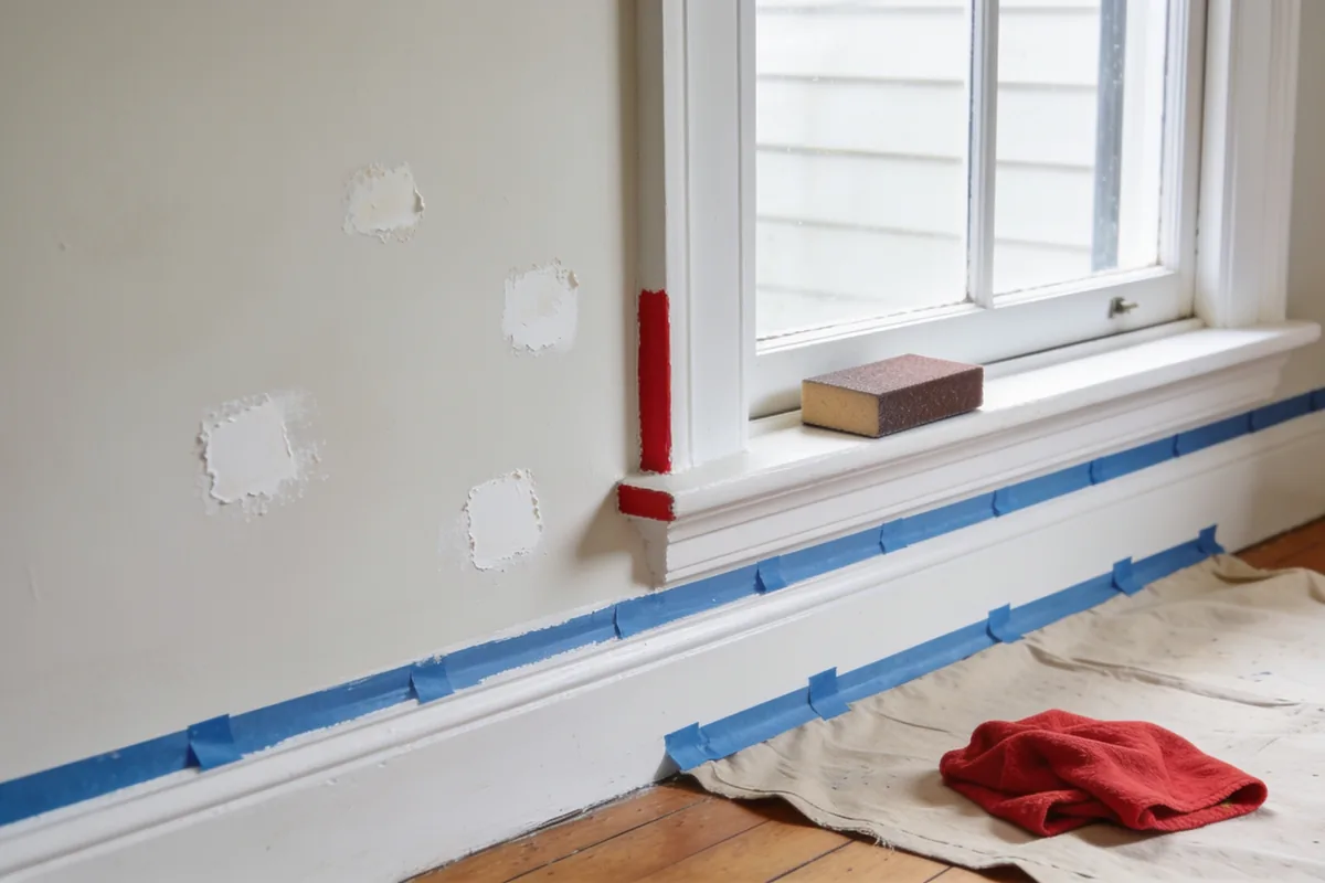 Interior wall prepared for painting, with sanded filler patches, blue masking tape along the skirting board and window sill, a sanding block on the sill and a red rag on a drop sheet